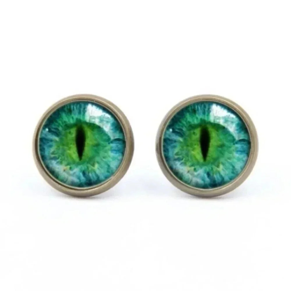 Dragon Eye Black Green Glass Cabochon Round Antique Bronze Stud Earrings